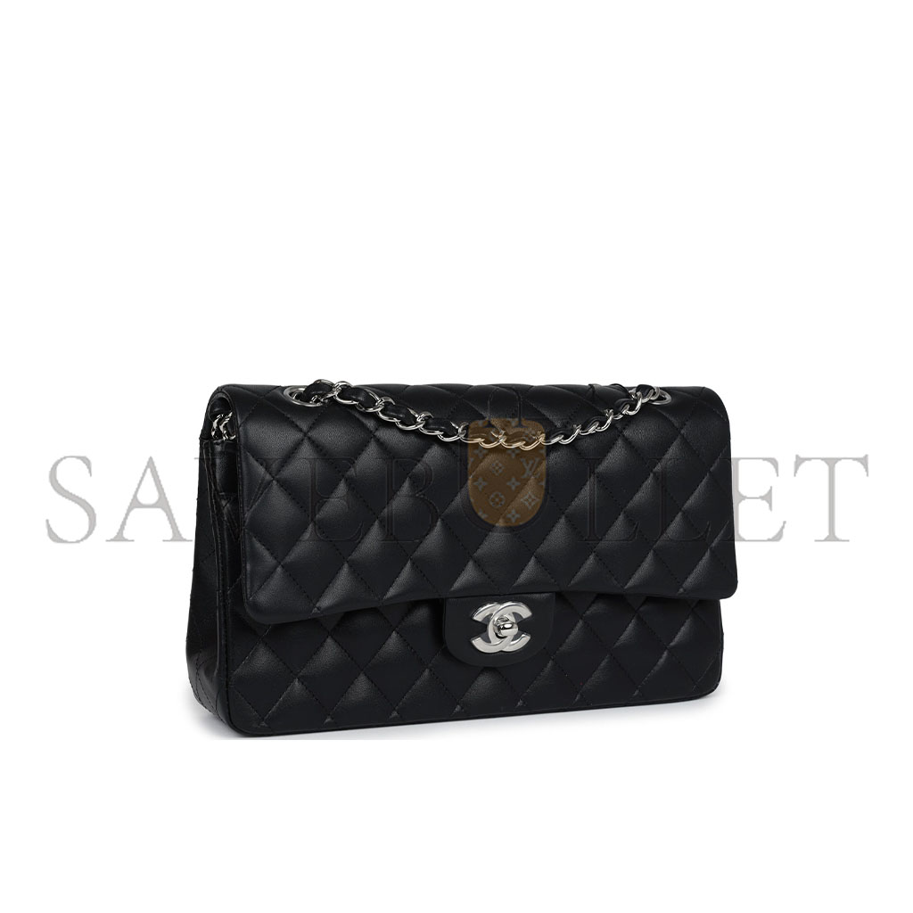 CHANEL MASTER MEDIUM CLASSIC DOUBLE FLAP BLACK LAMBSKIN SILVER HARDWARE A01112  (25.5*15.5*6.5cm)